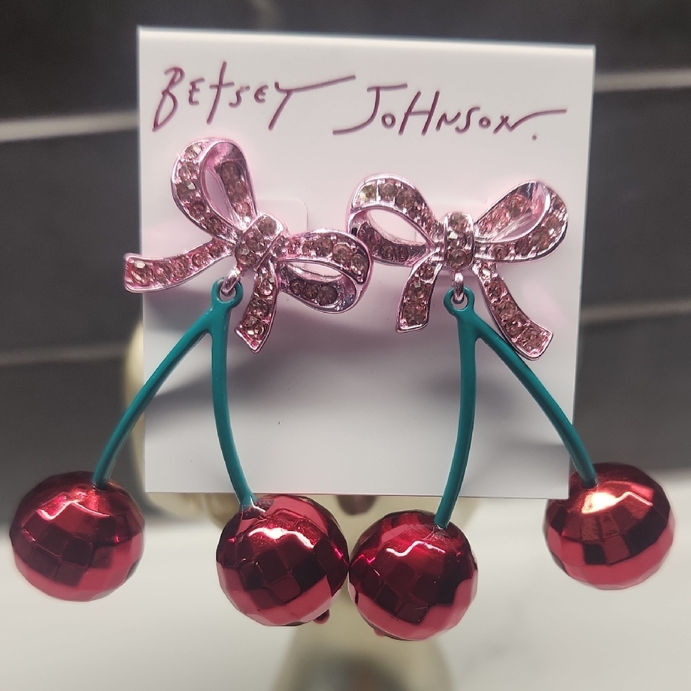 Betsey Johnson Pink Bow and Red Cherry Earrings - Picture 2 of 7